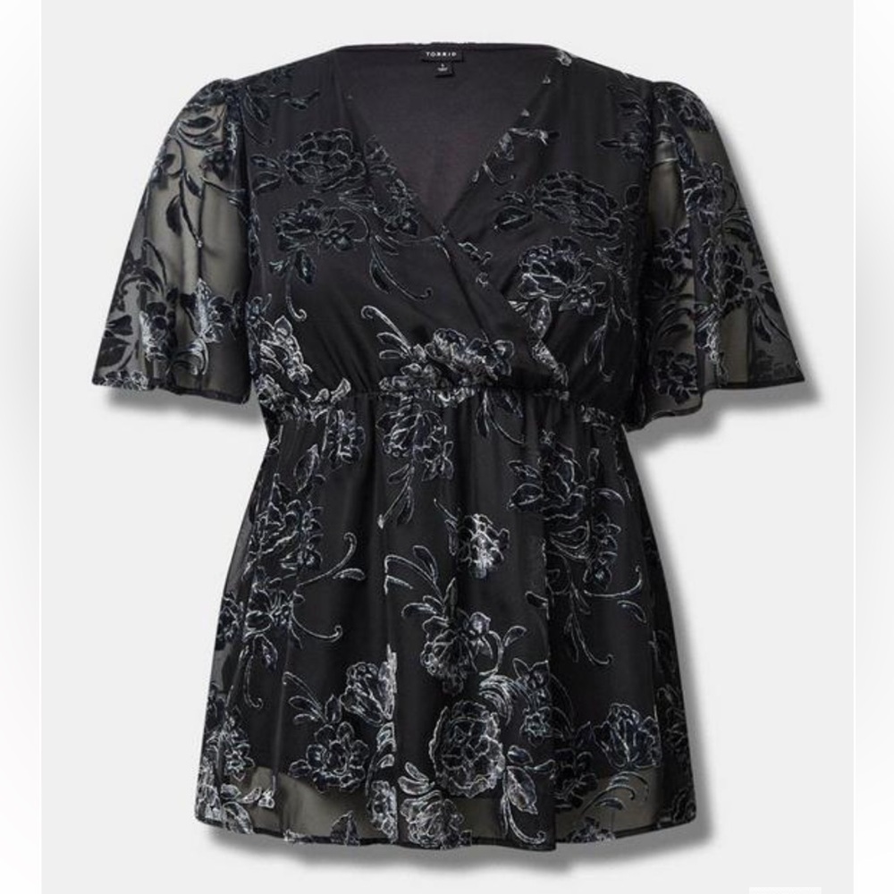 Torrid Black & Grey Peplum Velvet Burnout Floral V-Neck Flutter Sleeve Blouse